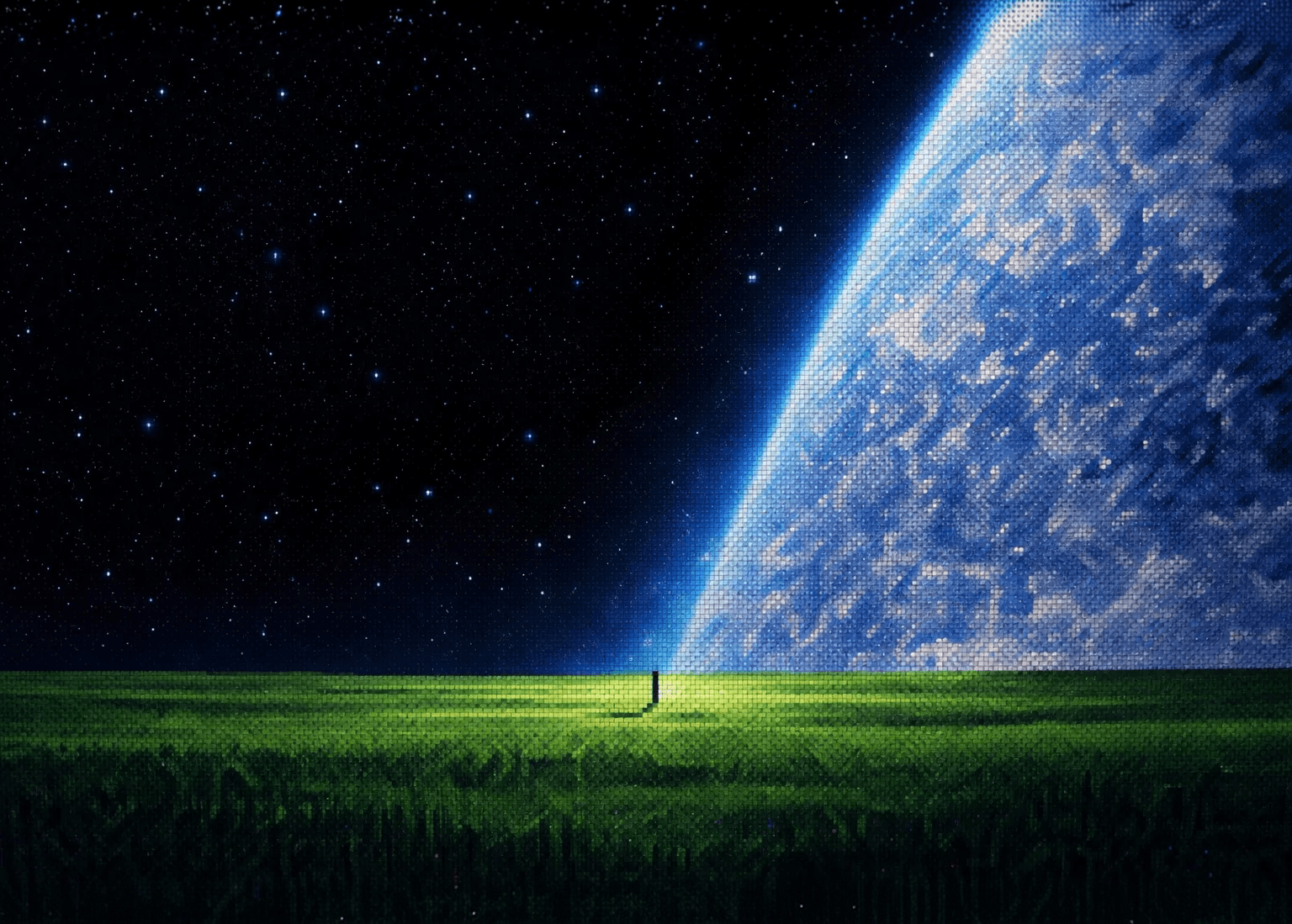 A grassy plateau under a night sky, a lone tree in the distance and a planet rising over the horizon.
