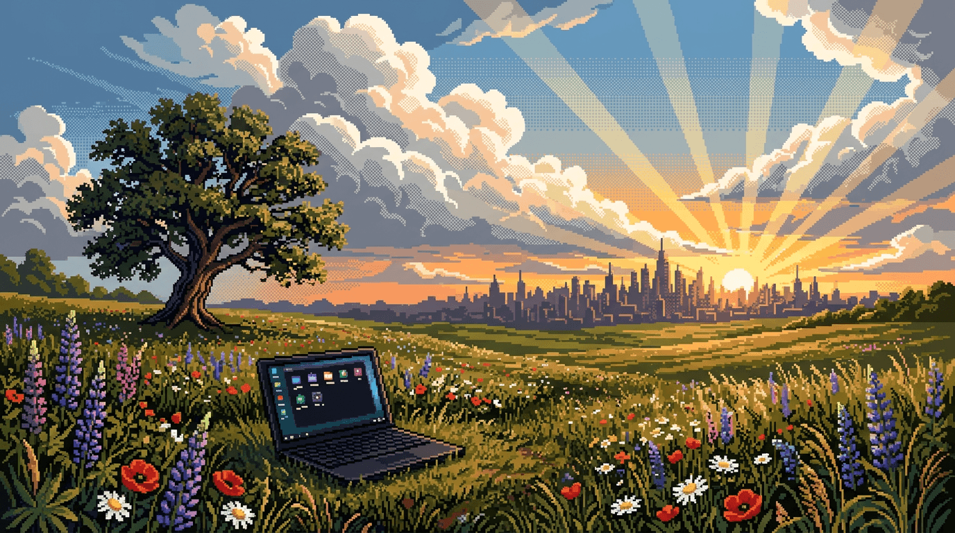 Pixel-art summer meadow generated with Cortex: a lone tree over wildflowers, a lake and a distant town under a cloudy sky