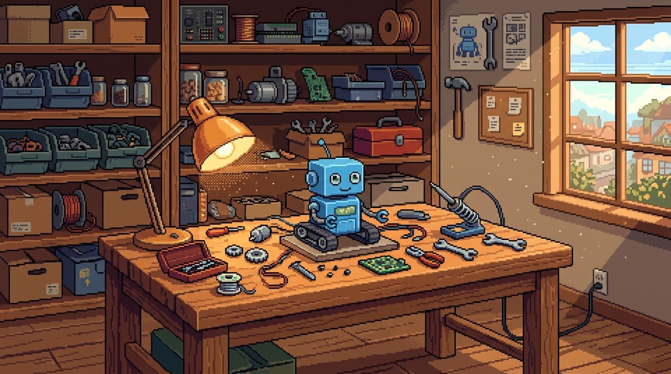 Pixel-art workshop bench where a small blue robot is being assembled