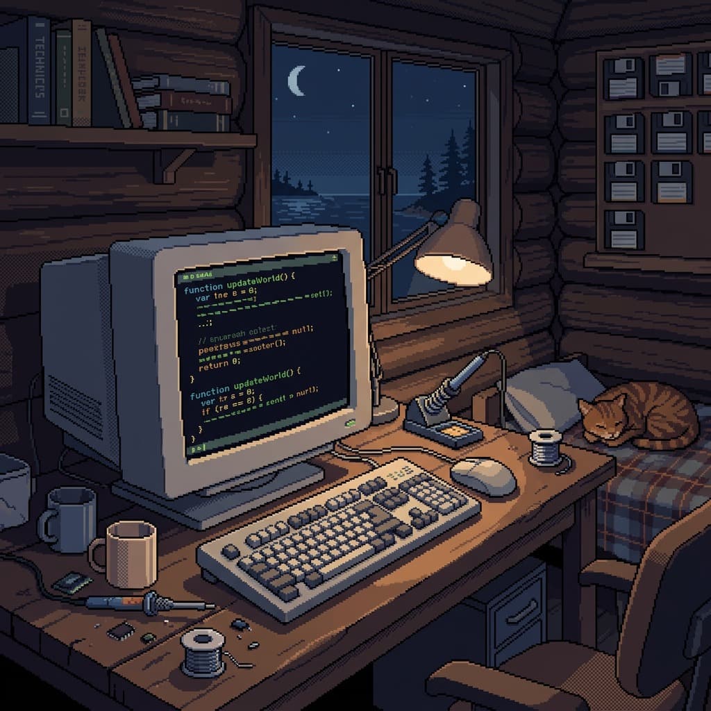 Pixel-art cabin desk at night with a glowing monitor, a lamp and a mug