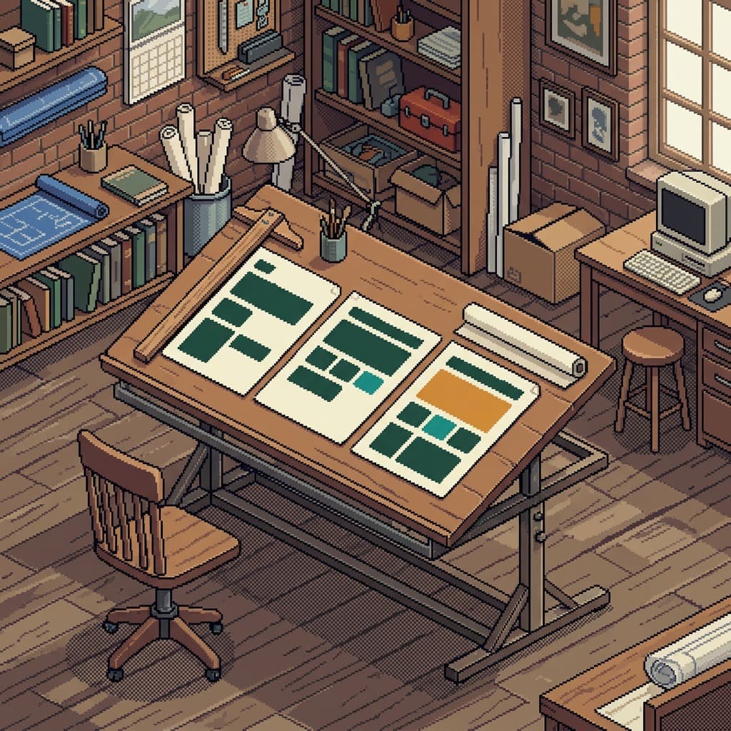 Pixel-art drafting table covered with sketches, under a warm lamp