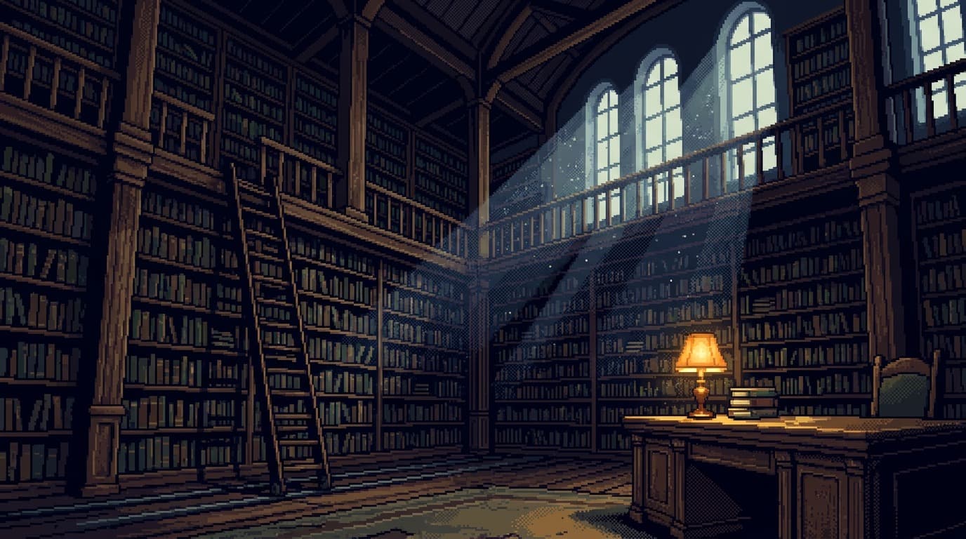 Pixel-art library at dusk, tall shelves and a desk beneath arched windows
