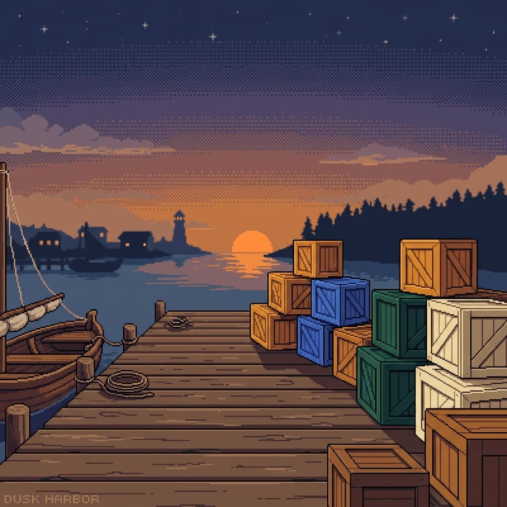 Pixel-art harbour market at sunset, crates stacked on the pier