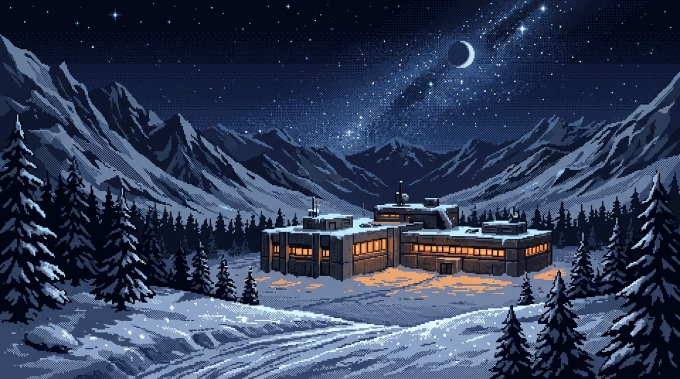 Pixel-art mountain camp under a starry sky, cabins lit in the snow